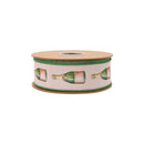 1 1/2" Wired Dupioni Ribbon | Champagne Bottles on Pale Pink w/ Green Backing | 10 Yard Roll