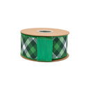 2 1/2" Wired Dupioni Ribbon | Green/White Bias Plaid on Green w/ Green Backing | 10 Yard Roll