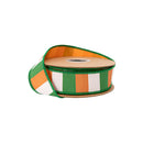 1 1/2" Wired Dupioni Ribbon | Green/White/Orange Wide Horizontal Stripe on White w/ Orange Backing | 10 Yard Roll