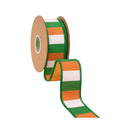 1 1/2" Wired Dupioni Ribbon | Green/White/Orange Wide Horizontal Stripe on White w/ Orange Backing | 10 Yard Roll