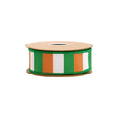1 1/2" Wired Dupioni Ribbon | Green/White/Orange Wide Horizontal Stripe on White w/ Orange Backing | 10 Yard Roll