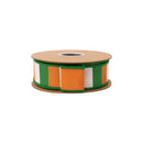 1 1/2" Wired Dupioni Ribbon | Green/White/Orange Wide Horizontal Stripe on White w/ Orange Backing | 10 Yard Roll