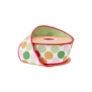 2 1/2" Wired Dupioni Ribbon | Colorful Dots on White w/ Green Backing | 10 Yard Roll
