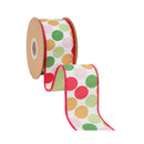 2 1/2" Wired Dupioni Ribbon | Colorful Dots on White w/ Green Backing | 10 Yard Roll