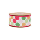 2 1/2" Wired Dupioni Ribbon | Colorful Dots on White w/ Green Backing | 10 Yard Roll