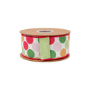 2 1/2" Wired Dupioni Ribbon | Colorful Dots on White w/ Green Backing | 10 Yard Roll