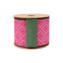 4" Wired Dupioni Ribbon | Retro Pink Geometric Pattern w/ Green Backing | 10 Yard Roll