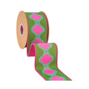 2 1/2" Wired Dupioni Ribbon | Retro Clover Link Geometric w/ Hot Pink Backing | 10 Yard Roll