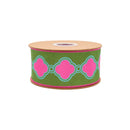 2 1/2" Wired Dupioni Ribbon | Retro Clover Link Geometric w/ Hot Pink Backing | 10 Yard Roll