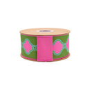 2 1/2" Wired Dupioni Ribbon | Retro Clover Link Geometric w/ Hot Pink Backing | 10 Yard Roll