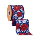 4" Wired Dupioni Ribbon | Red/White/Blue Floral w/ Navy Backing | 10 Yard Roll