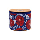 4" Wired Dupioni Ribbon | Red/White/Blue Floral w/ Navy Backing | 10 Yard Roll
