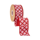 2 1/2" Wired Dupioni Ribbon | White Star Flower on Red w/ Red Backing | 10 Yard Roll