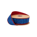 1 1/2" Wired Dupioni Ribbon | Blue on Blue Floral w/ Red Backing | 10 Yard Roll