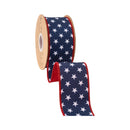 2 1/2" Wired Dupioni Ribbon | White Stars on Blue w/ Blue Backing | 10 Yard Roll