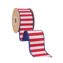 2 1/2" Wired Dupioni Ribbon | Red/White Horizontal Stripe w/ Navy Blue Backing | 10 Yard Roll