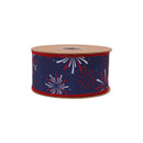2 1/2" Wired Dupioni Ribbon | Fireworks on Blue w/ Red Backing | 10 Yard Roll