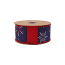 2 1/2" Wired Dupioni Ribbon | Fireworks on Blue w/ Red Backing | 10 Yard Roll