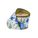 4" Wired Dupioni Ribbon | Blue Wildflowers w/ Green Backing | 10 Yard Roll