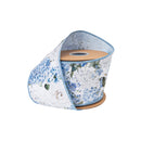 4" Wired Dupioni Ribbon | Blue/White Hydrangeas on White w/ Blue Backing | 10 Yard Roll