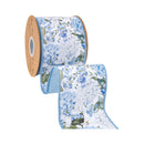 4" Wired Dupioni Ribbon | Blue/White Hydrangeas on White w/ Blue Backing | 10 Yard Roll