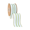 2 1/2" Wired Dupioni Ribbon | Blue/Green/White Vertical Stripe Ribbon w/ White Backing | 10 Yard Roll