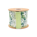 4" Wired Dupioni Ribbon | Watercolor Light Green Hydrangea w/ Green Backing | 10 Yard Roll