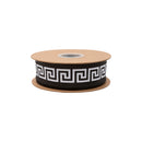 1 1/2" Wired Dupioni Ribbon | White/Black Narrow Greek Key w/ Black Backing | 10 Yard Roll