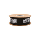 1 1/2" Wired Dupioni Ribbon | White/Black Narrow Greek Key w/ Black Backing | 10 Yard Roll