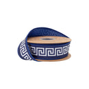 1 1/2" Wired Dupioni Ribbon | White/Navy Narrow Greek Key w/ Navy Blue Backing | 10 Yard Roll