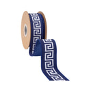 1 1/2" Wired Dupioni Ribbon | White/Navy Narrow Greek Key w/ Navy Blue Backing | 10 Yard Roll