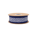 1 1/2" Wired Dupioni Ribbon | White/Navy Narrow Greek Key w/ Navy Blue Backing | 10 Yard Roll