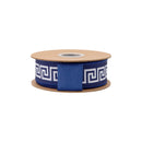 1 1/2" Wired Dupioni Ribbon | White/Navy Narrow Greek Key w/ Navy Blue Backing | 10 Yard Roll