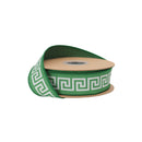 1 1/2" Wired Dupioni Ribbon | Light Green/White Narrow Greek Key w/ Dark Green Backing | 10 Yard Roll