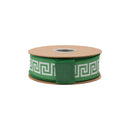 1 1/2" Wired Dupioni Ribbon | Light Green/White Narrow Greek Key w/ Dark Green Backing | 10 Yard Roll