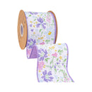4" Wired Dupioni Ribbon | Pastel Spring Flowers w/ Purple Backing | 10 Yard Roll