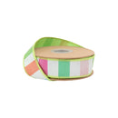 1 1/2" Wired Dupioni Ribbon | Green/Pink/White Wide Horizontal Stripe w/ Green Backing | 10 Yard Roll