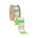 1 1/2" Wired Dupioni Ribbon | Green/Pink/White Wide Horizontal Stripe w/ Green Backing | 10 Yard Roll