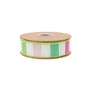 1 1/2" Wired Dupioni Ribbon | Green/Pink/White Wide Horizontal Stripe w/ Green Backing | 10 Yard Roll