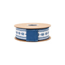 1 1/2" Wired Dupioni Ribbon | Hand-Drawn Blue/White Foliage Vertical Border w/ Navy Blue Backing | 10 Yard Roll