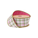 2 1/2" Wired Dupioni Ribbon | Pink/Green Plaid on White w/ Pink Backing | 10 Yard Roll