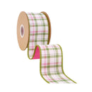 2 1/2" Wired Dupioni Ribbon | Pink/Green Plaid on White w/ Pink Backing | 10 Yard Roll