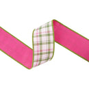 2 1/2" Wired Dupioni Ribbon | Pink/Green Plaid on White w/ Pink Backing | 10 Yard Roll