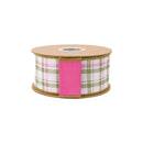 2 1/2" Wired Dupioni Ribbon | Pink/Green Plaid on White w/ Pink Backing | 10 Yard Roll