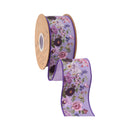 2 1/2" Wired Dupioni Ribbon | Purple Floral on Lavender w/ Purple Backing | 10 Yard Roll