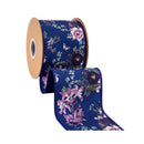 4" Wired Dupioni Ribbon | Moody Purple Floral on Navy Blue w/ Navy Blue Backing | 10 Yard Roll