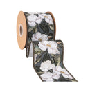 4" Wired Dupioni Ribbon | Elegant Magnolia on Green w/ Off-White Backing | 10 Yard Roll