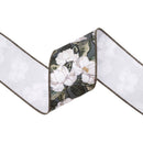4" Wired Dupioni Ribbon | Elegant Magnolia on Green w/ Off-White Backing | 10 Yard Roll