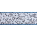 4" Wired Dupioni Ribbon | Black/White Linework Floral on Dusty Blue w/ Blue Backing | 10 Yard Roll