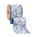 4" Wired Dupioni Ribbon | Black/White Linework Floral on Dusty Blue w/ Blue Backing | 10 Yard Roll